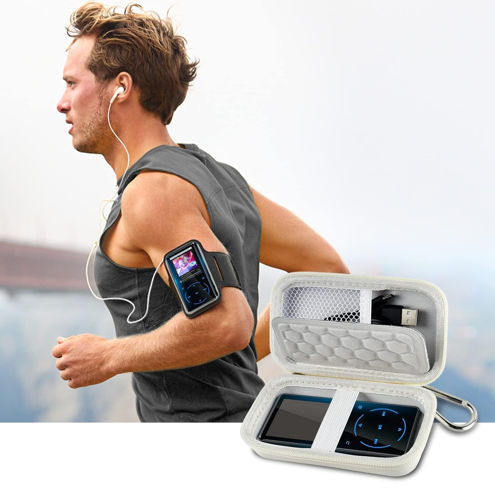 Runner using an MP3 player beside the open white protective case