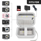 Open white compact camera case shown with compatible Kodak, Canon, and Sony cameras