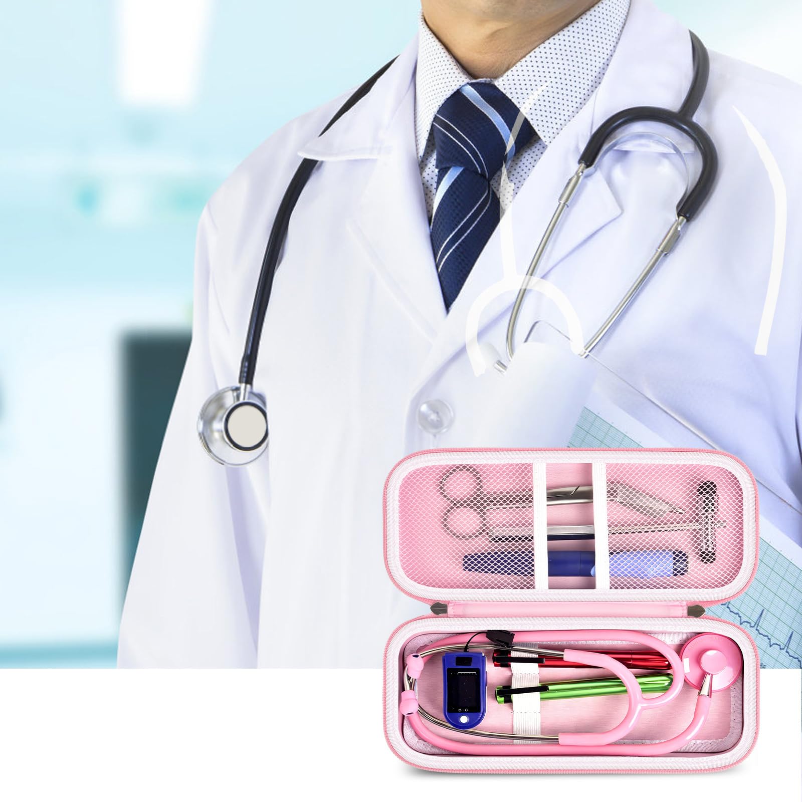 Doctor with an open pink checkered stethoscope organizer case for medical accessories