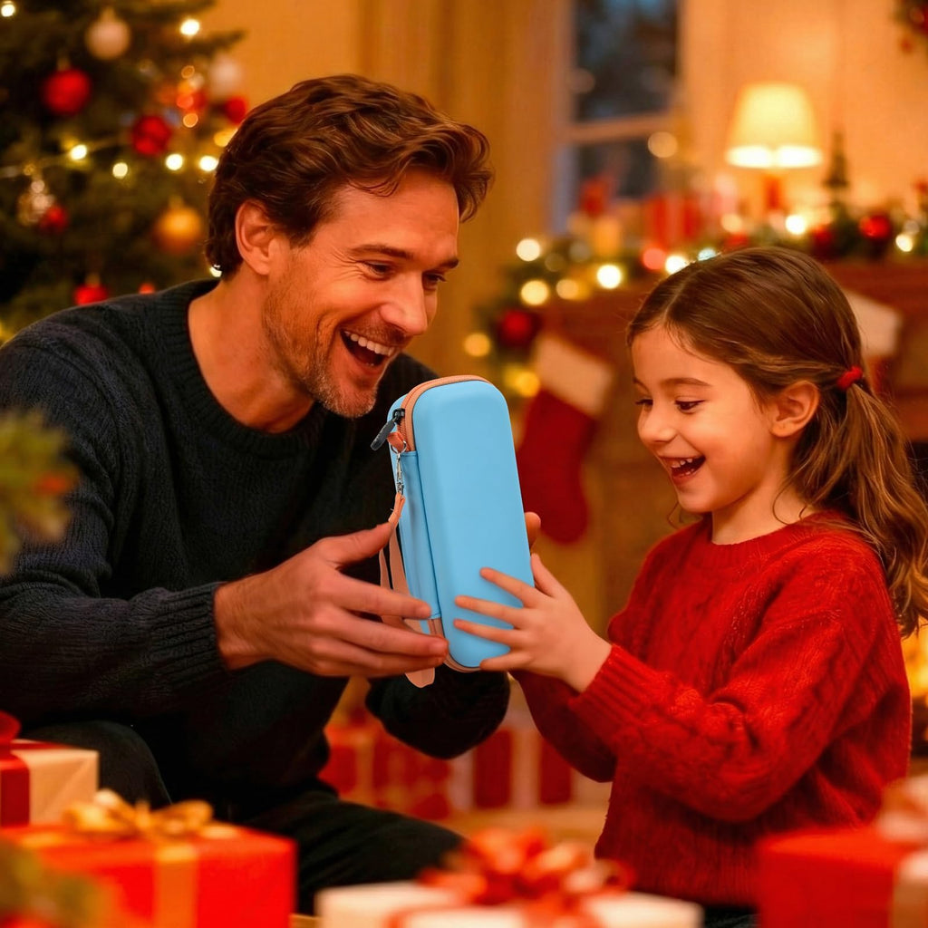 Father and daughter holding the blue 3D printing pen case during a holiday activity