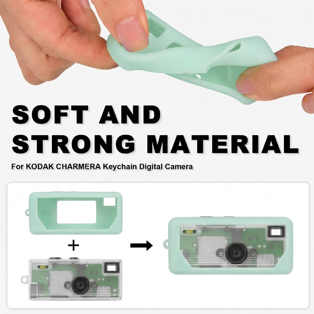 Mint green silicone case for Kodak Charmera keychain camera soft, flexible material demonstration