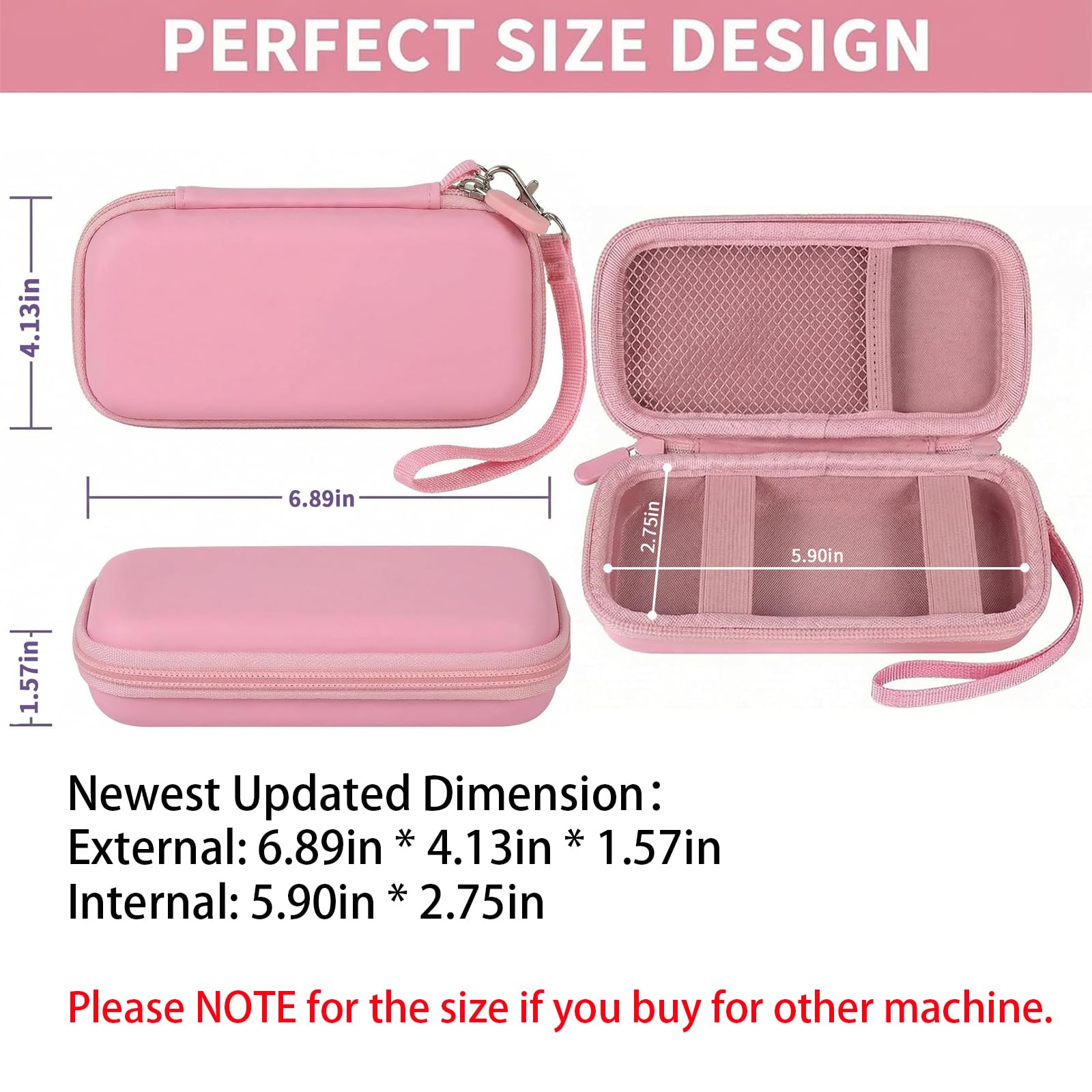 Pink power bank case dimensions with divided interior and detachable wrist strap
