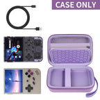 Lavender retro handheld console carrying case shown open with compatible retro handheld consoles and cable