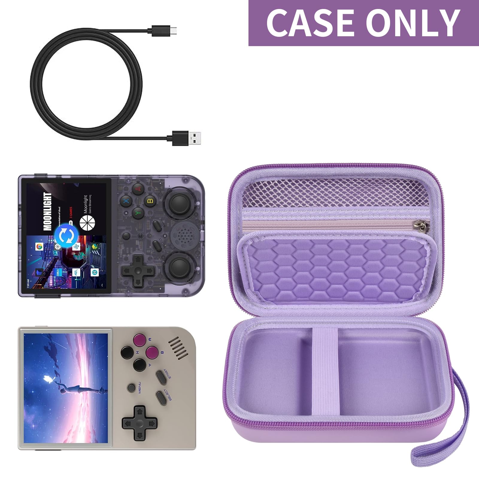 Lavender retro handheld console carrying case shown open with compatible retro handheld consoles and cable