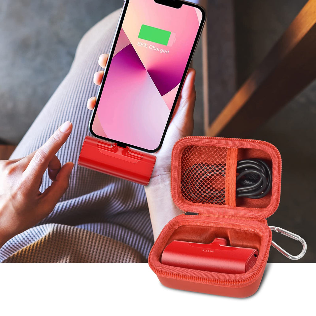 Open red case organizing a mini power bank and cable beside a charging phone