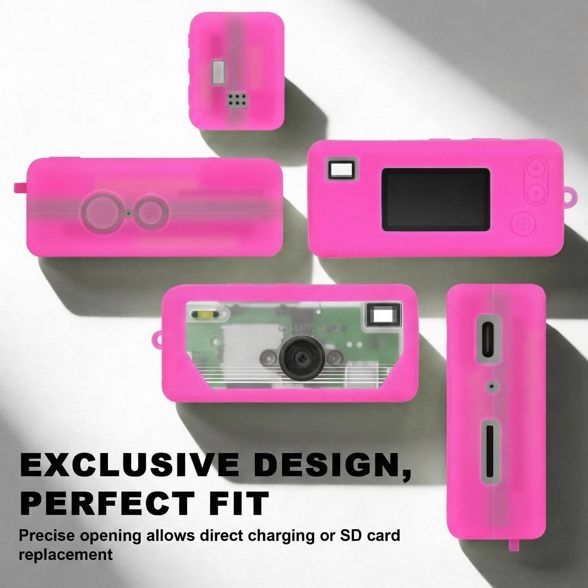 Hot pink silicone case for Kodak Charmera keychain camera precise-fit design shown from multiple angles