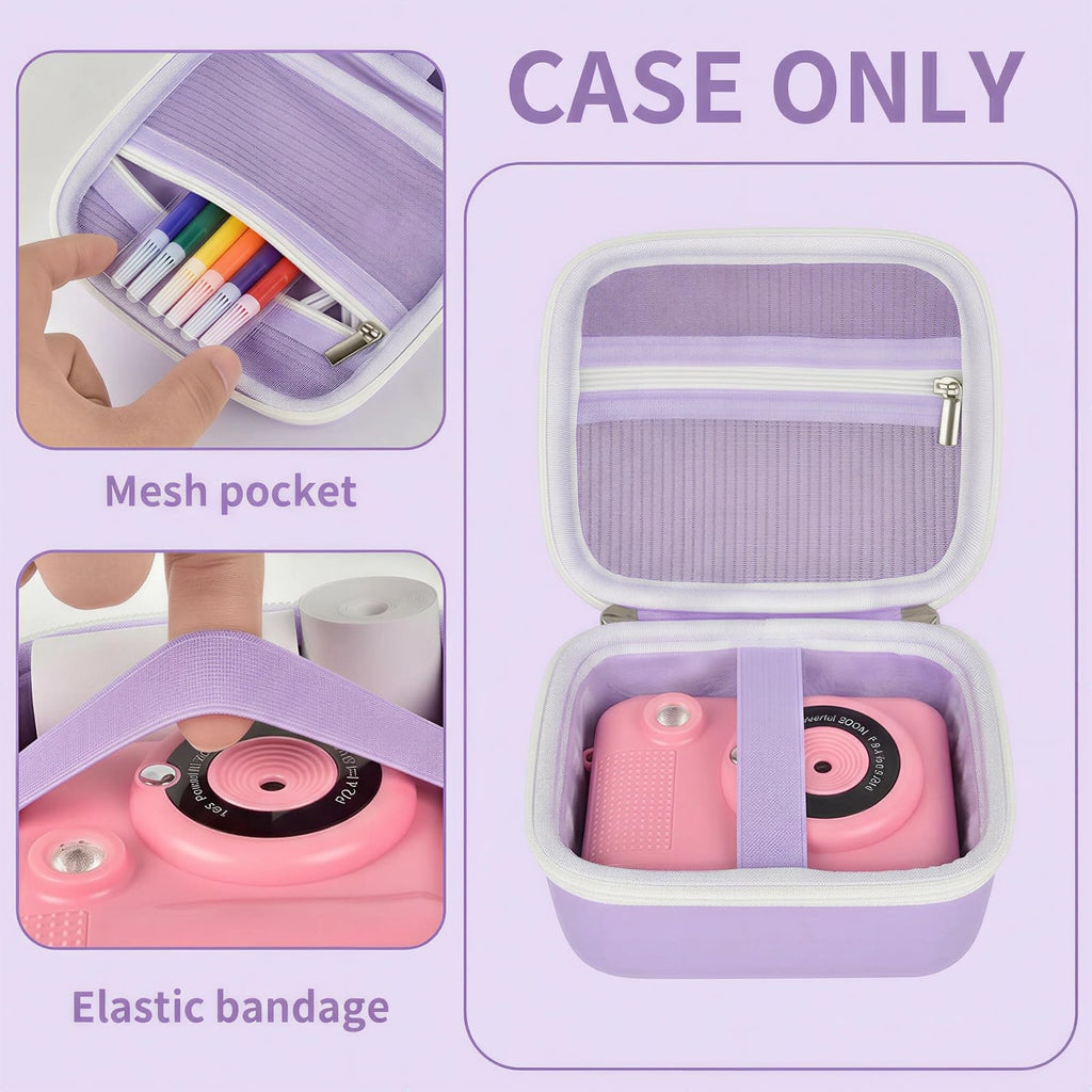 Lavender bear-shaped kids instant print camera case open interior with mesh pocket and elastic strap