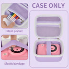 Lavender bear-shaped kids instant print camera case open interior with mesh pocket and elastic strap