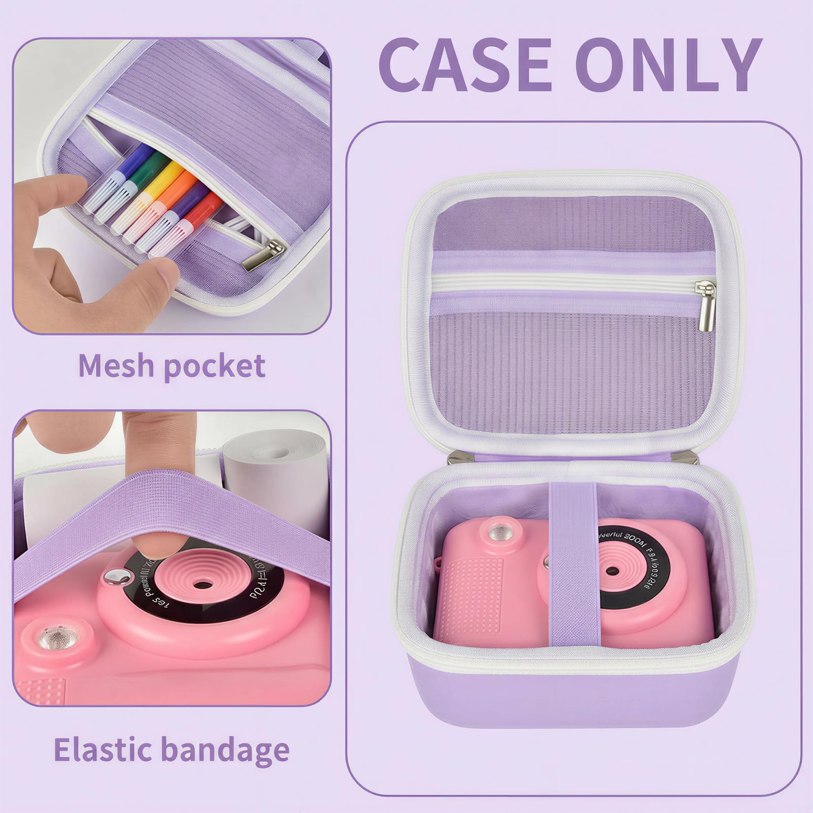 Lavender bear-shaped kids instant print camera case open interior with mesh pocket and elastic strap