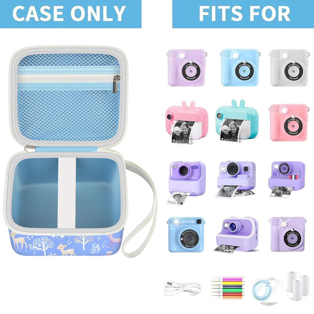 Blue kids instant print camera case shown open beside a compatible kids instant print camera and accessories