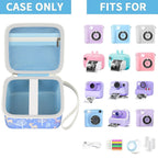 Blue kids instant print camera case shown open beside a compatible kids instant print camera and accessories
