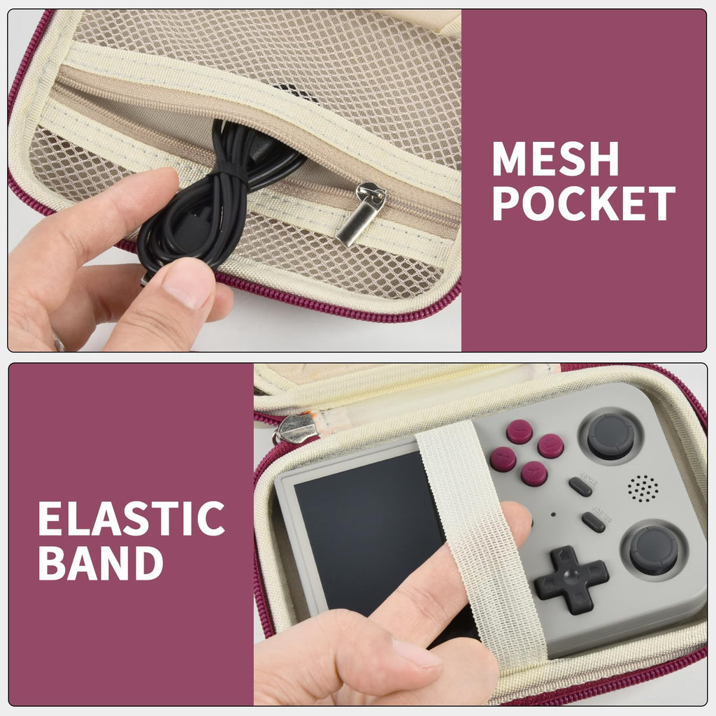 Beige with burgundy trim retro handheld console carrying case mesh cable pocket and elastic console strap interior