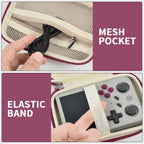 Beige with burgundy trim retro handheld console carrying case mesh cable pocket and elastic console strap interior