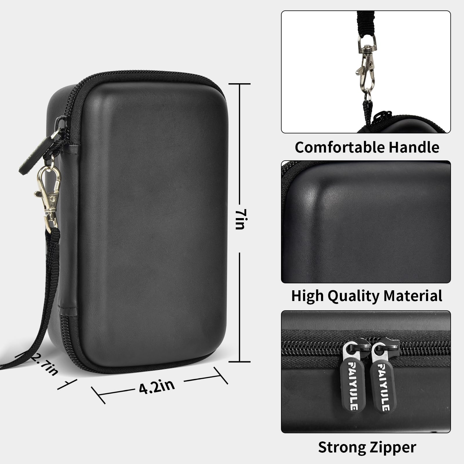 Black retro handheld console carrying case for R36MAX and R36 PRO larger case dimensions, wrist strap and zipper overview