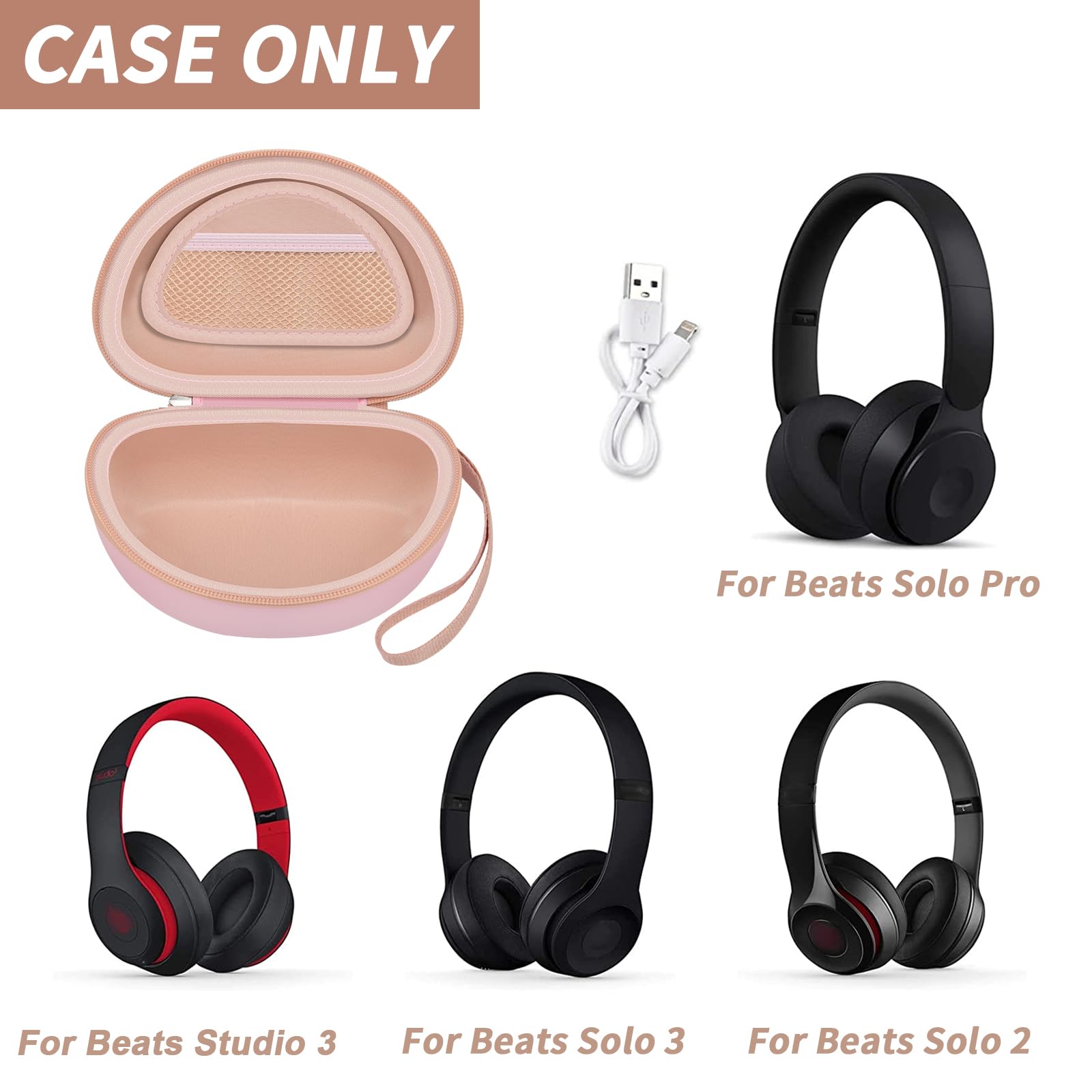 Open pink foldable headphone case shown with compatible Beats Solo and Studio headphones; case only