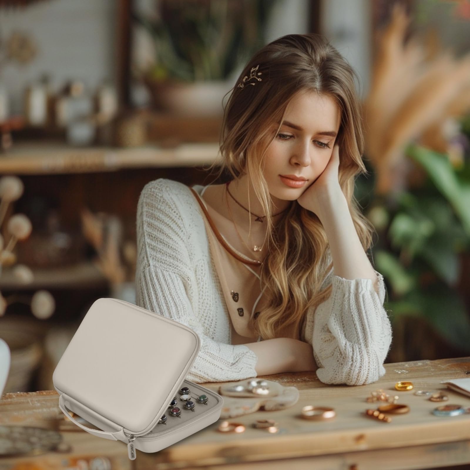 Woman using the ivory ring organizer on a jewelry worktable