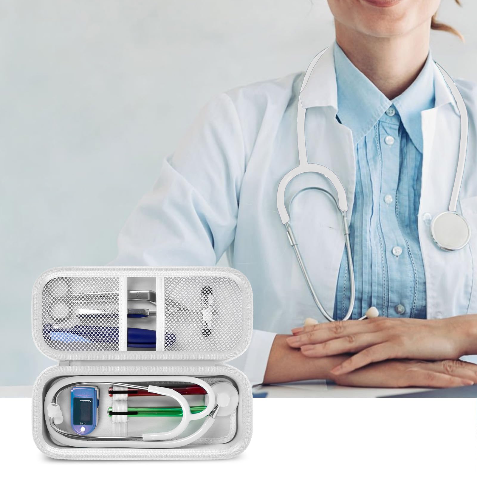 white heart-patterned stethoscope organizer case open beside a seated healthcare professional