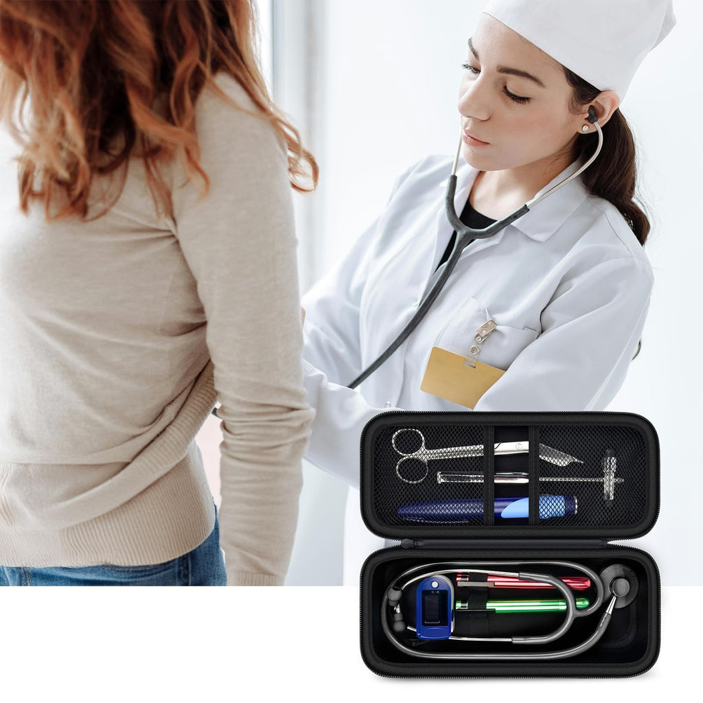 Open black patterned stethoscope organizer case shown during a patient examination