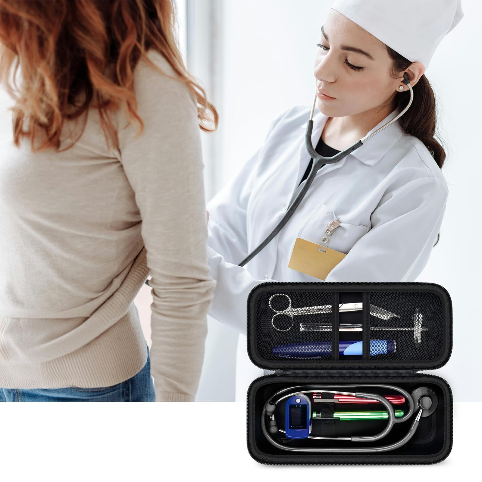Open black patterned stethoscope organizer case shown during a patient examination
