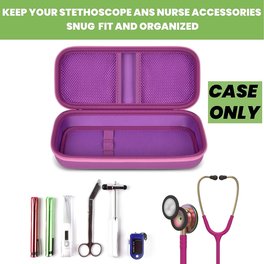 Open purple hard stethoscope case with organized compartments for medical accessories