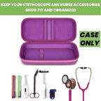 Open purple hard stethoscope case with organized compartments for medical accessories