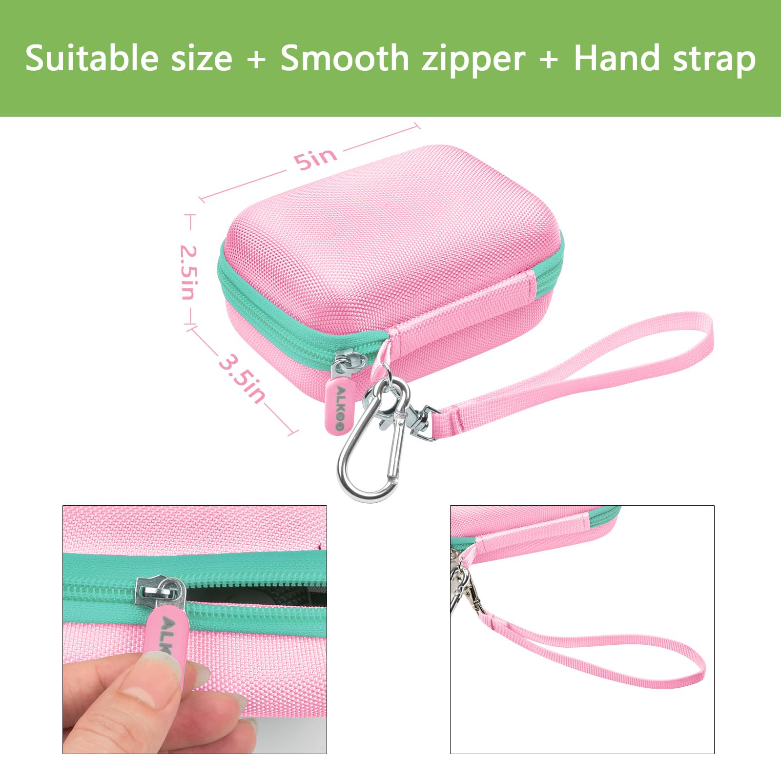 Pink and mint green JBL Go speaker case dimensions with smooth zipper and detachable hand strap