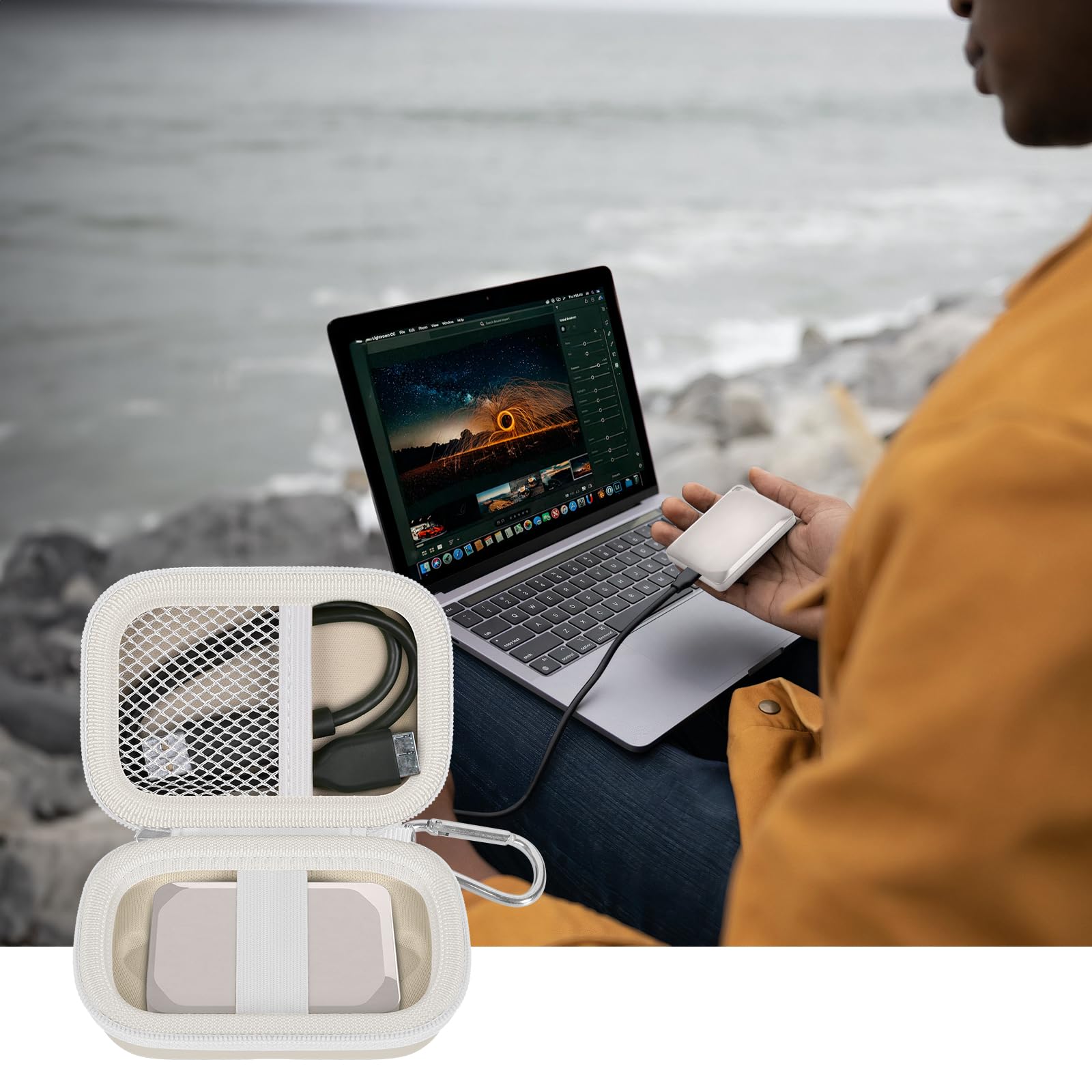 Open ivory SSD organizer beside a Crucial portable drive connected to a laptop