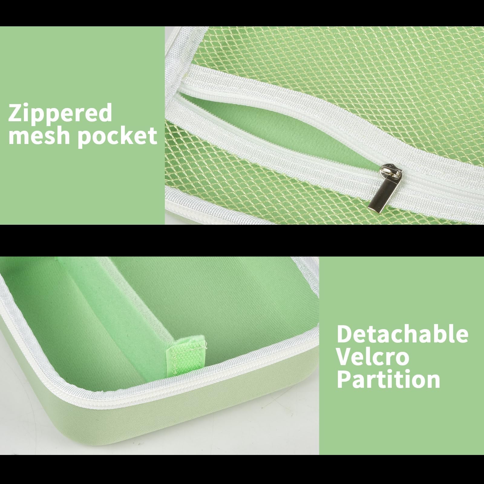 Light green label maker case interior with zippered mesh pocket and removable partition