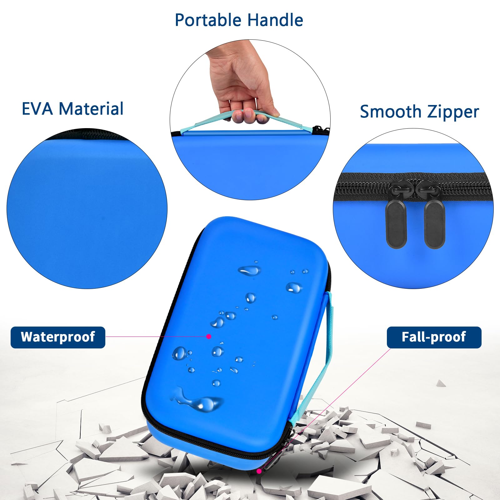 Blue dual microphone case with EVA shell, portable handle, smooth zipper, and water-resistant protection