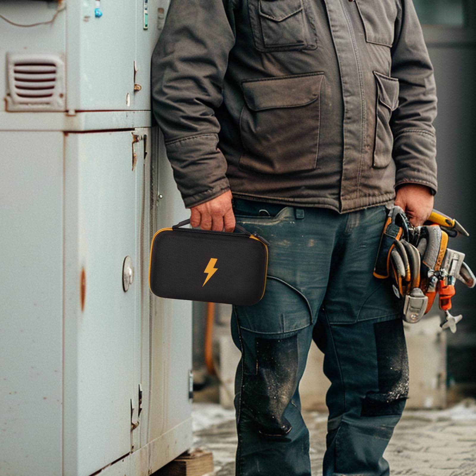 Technician carrying the black and yellow multimeter case by its top handle
