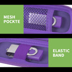 Purple USB flash drive and SD card storage case mesh pocket and elastic strap interior