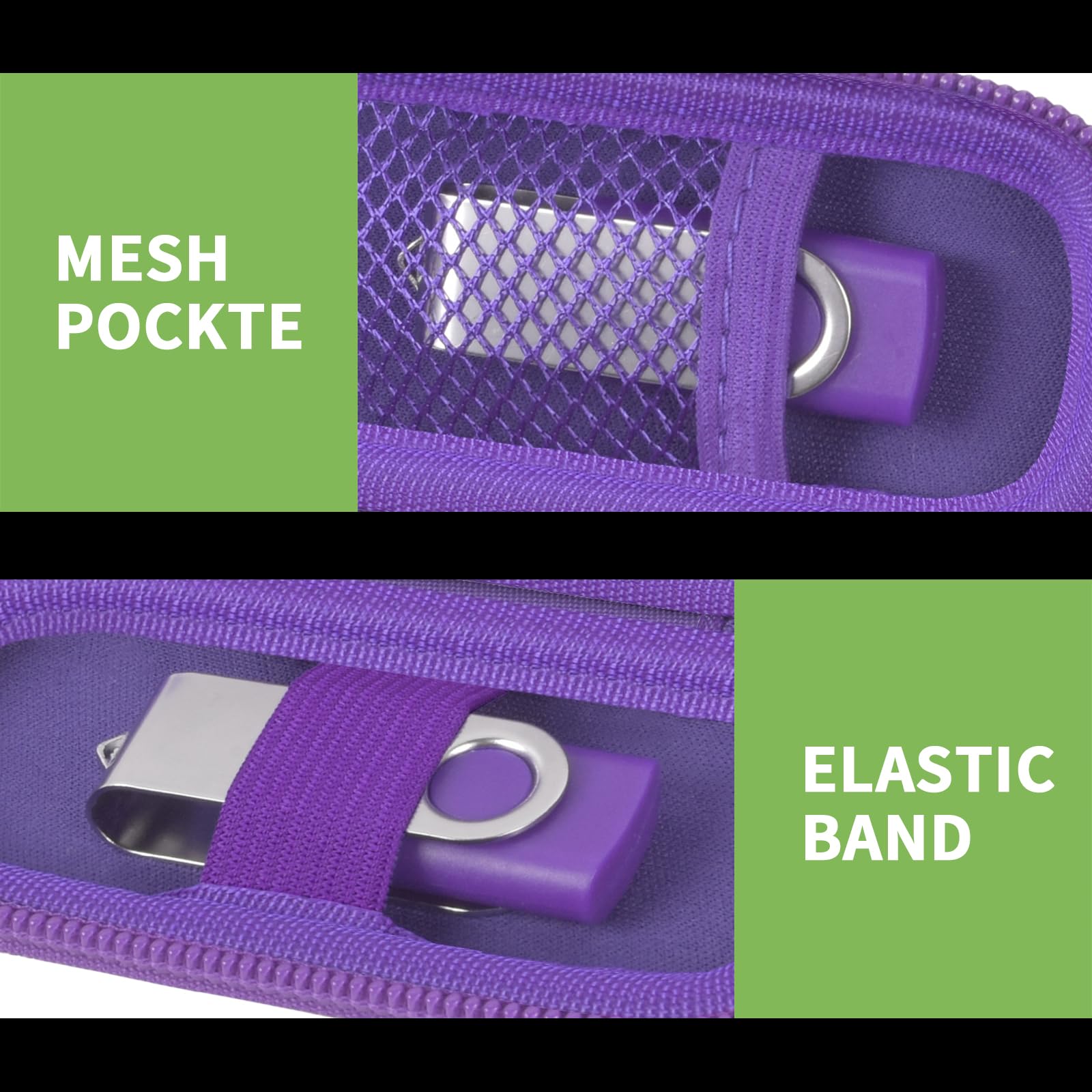 Purple USB flash drive and SD card storage case mesh pocket and elastic strap interior