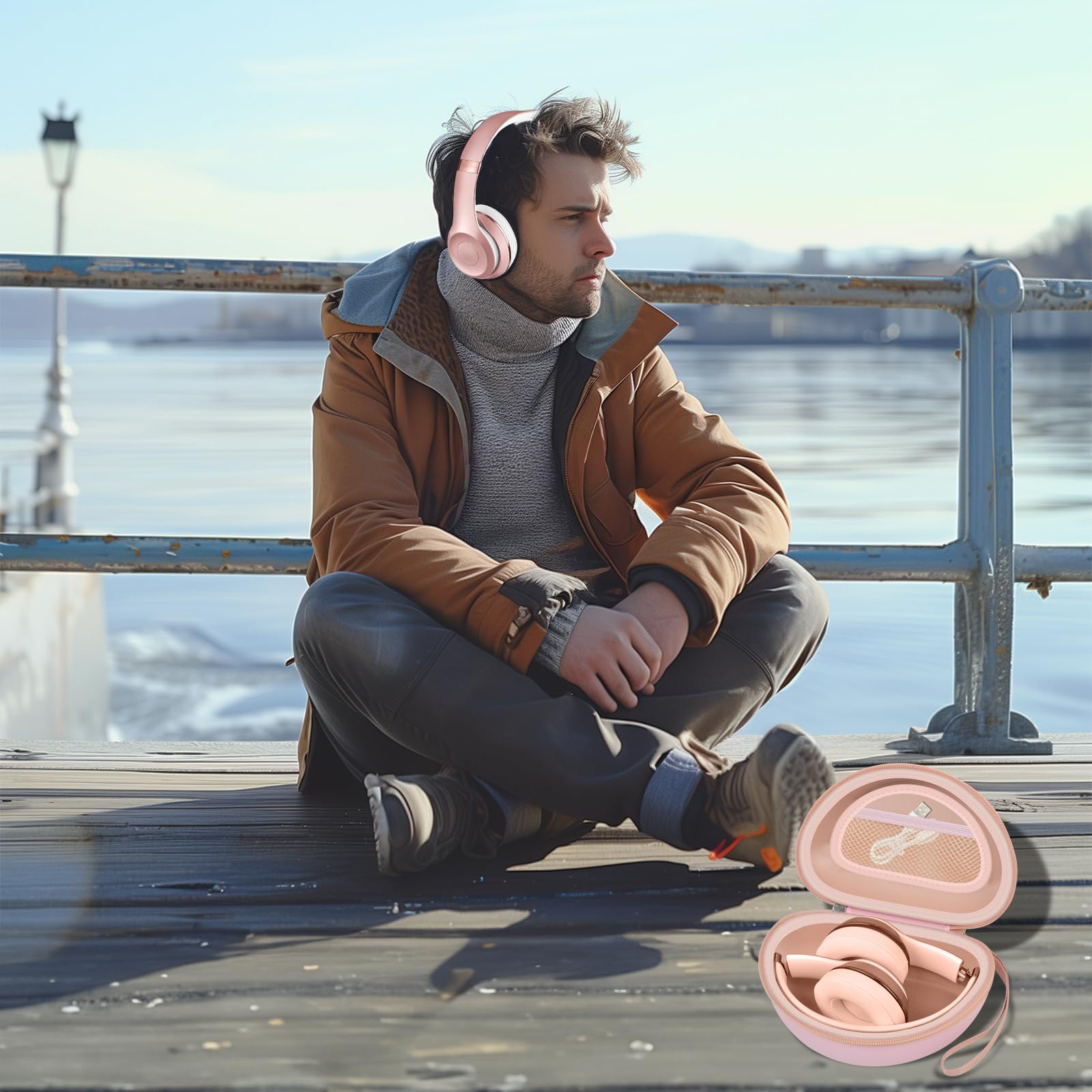 Man wearing headphones beside the open pink travel case at a waterfront