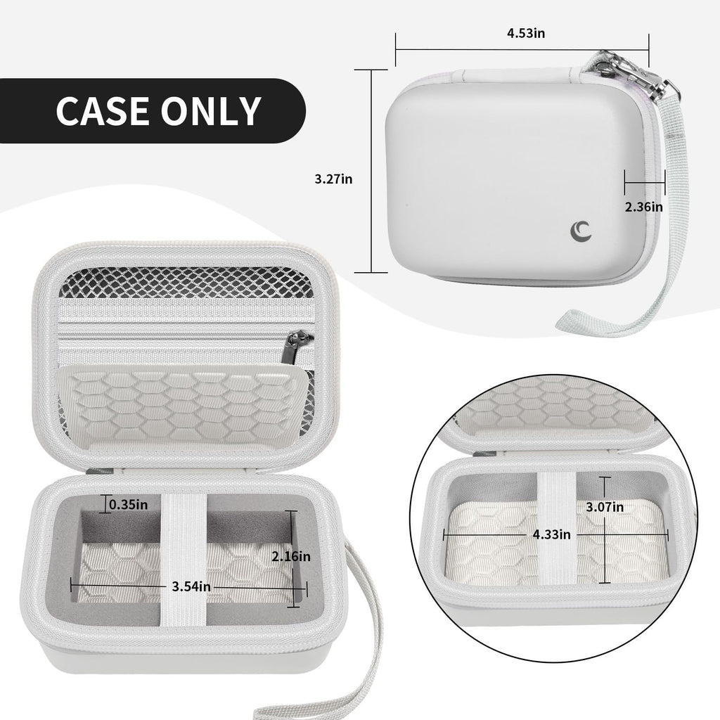 Open white camera case with internal dimensions and wrist strap; case only