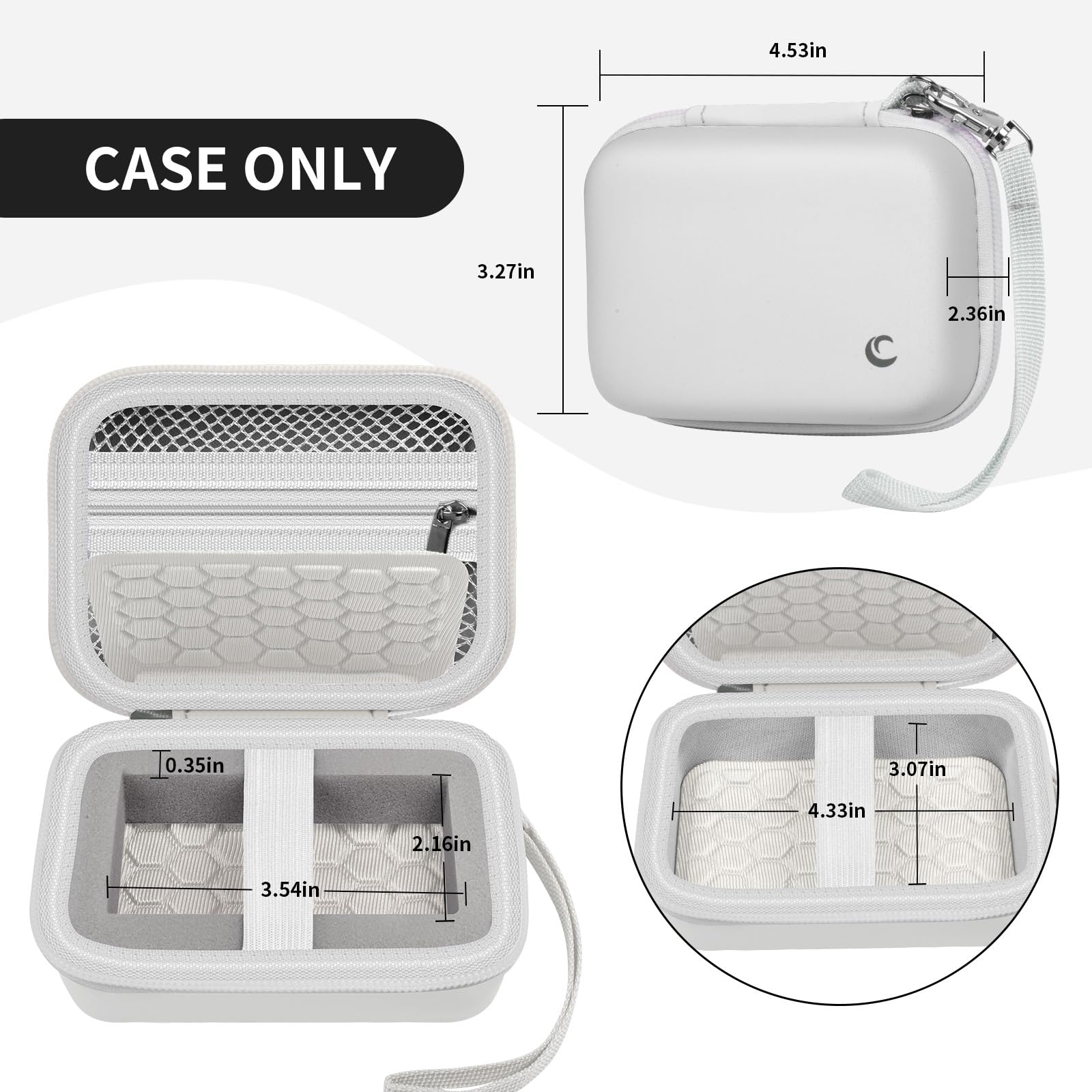 Open white camera case with internal dimensions and wrist strap; case only