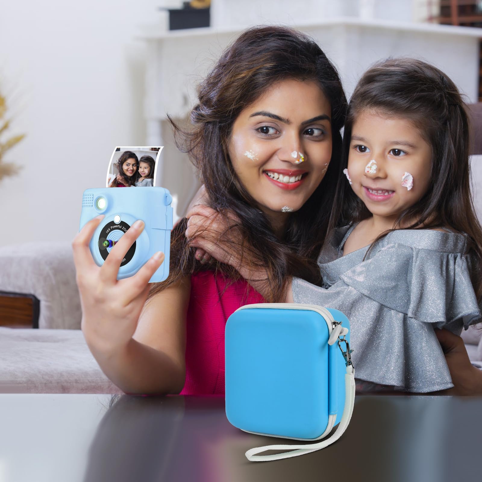 Blue kids instant print camera case carried by a child outdoors