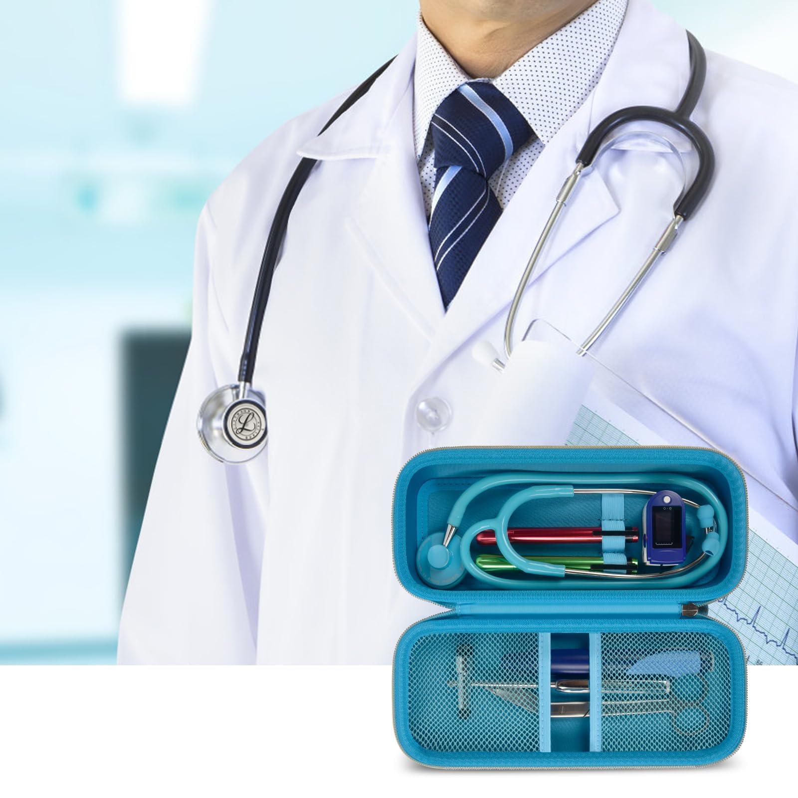 Doctor with an open blue stethoscope organizer case for medical accessories