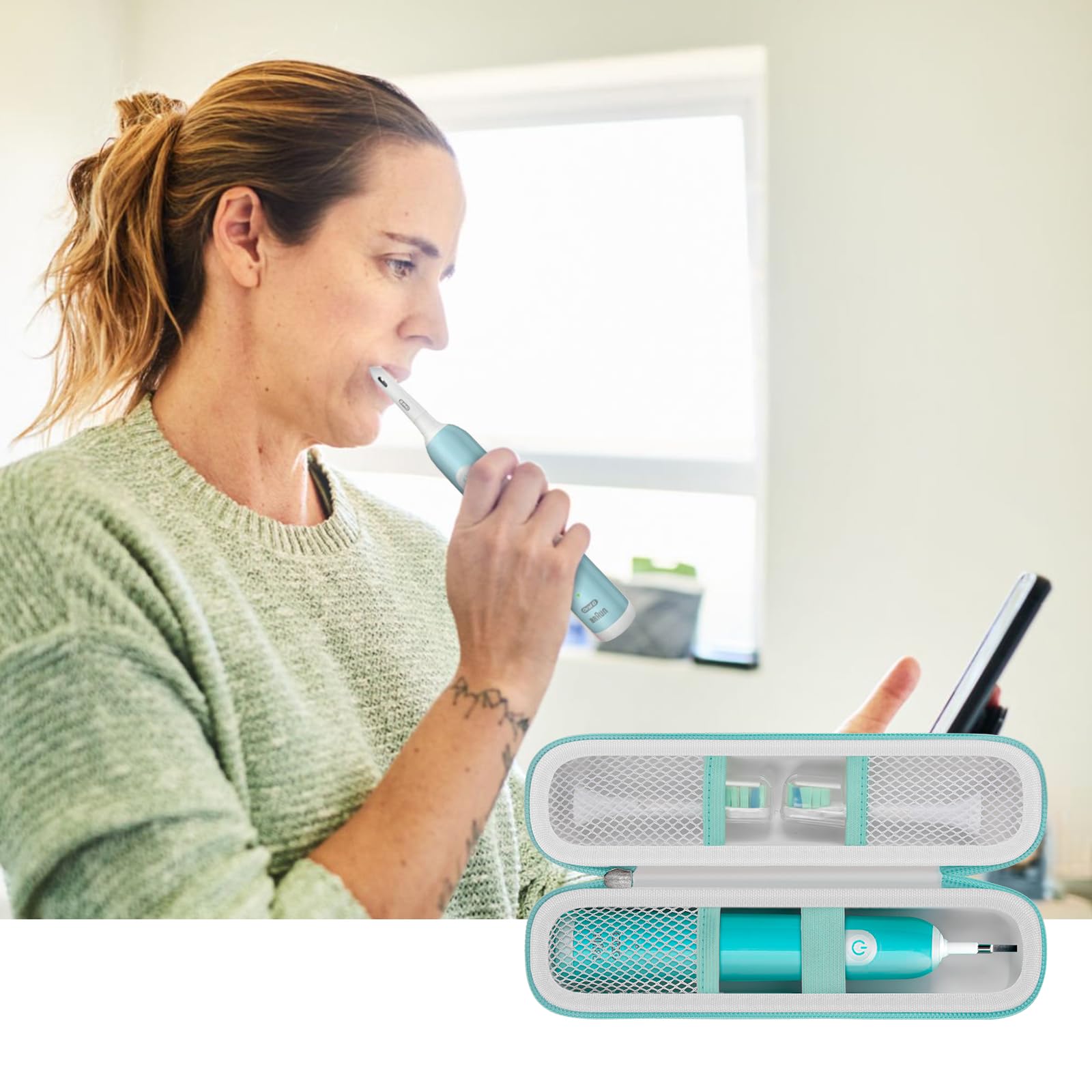 Woman using an electric toothbrush with accessories organized in the white and teal case