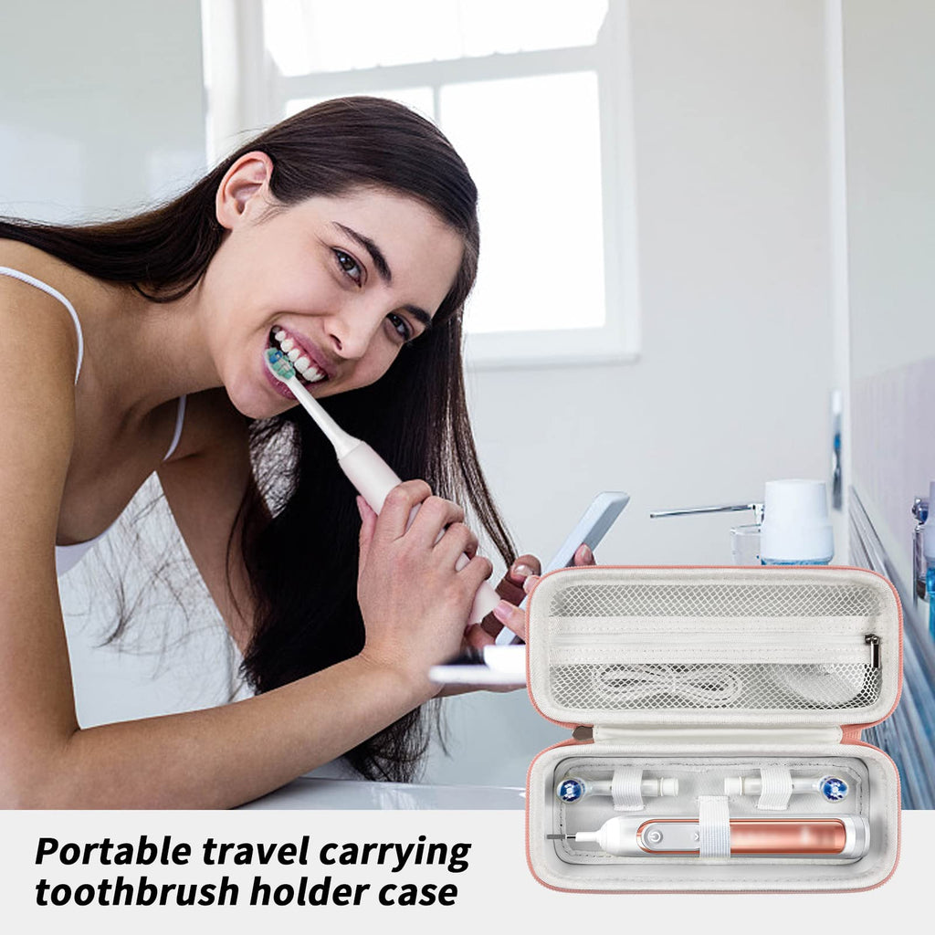 Woman using an electric toothbrush beside the open rose gold travel case