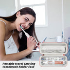 Woman using an electric toothbrush beside the open rose gold travel case