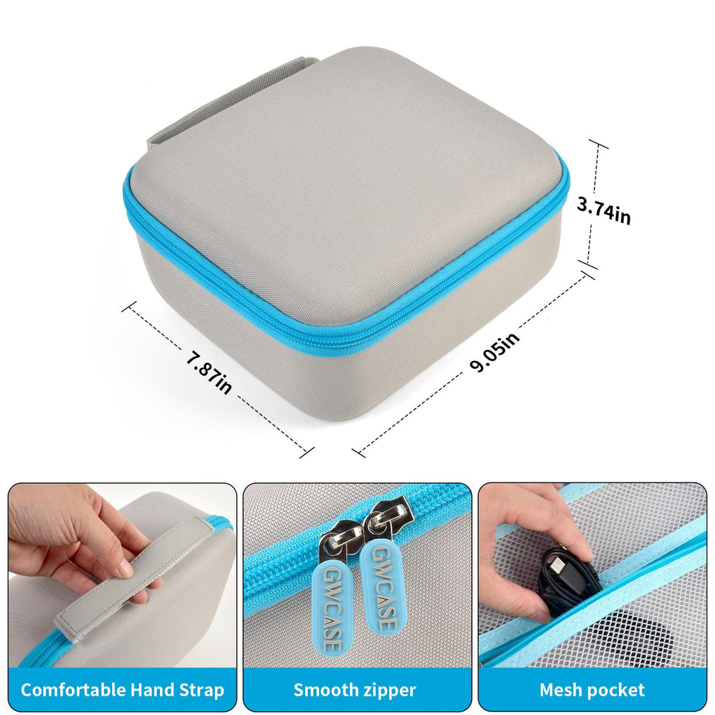 Gray and blue label maker case dimensions plus handle, zipper, and mesh pocket details