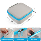 Gray and blue label maker case dimensions plus handle, zipper, and mesh pocket details