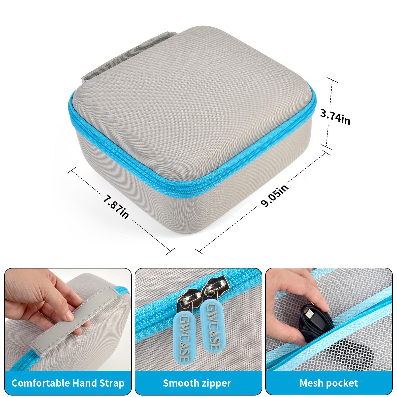 Gray and blue label maker case dimensions plus handle, zipper, and mesh pocket details