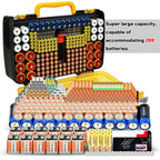 Yellow and black 269-slot battery organizer case large-capacity organizer shown with supported battery sizes