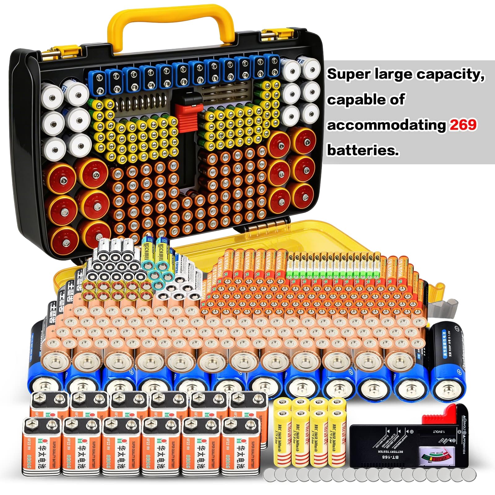 Yellow and black 269-slot battery organizer case large-capacity organizer shown with supported battery sizes