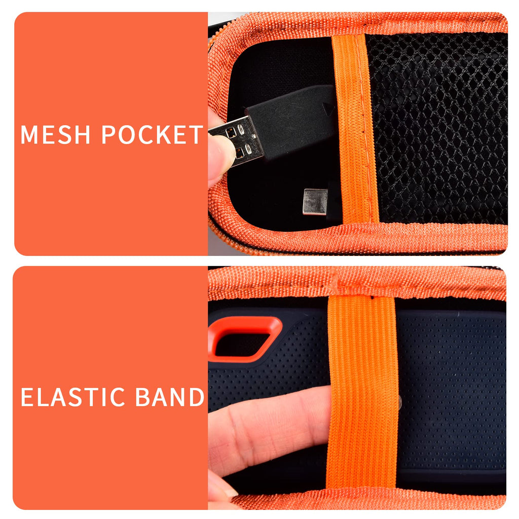 Black and orange SSD case interior with mesh pocket and elastic drive strap