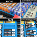 Turquoise blue 269-slot battery organizer case front and back battery compartments and button-cell slots