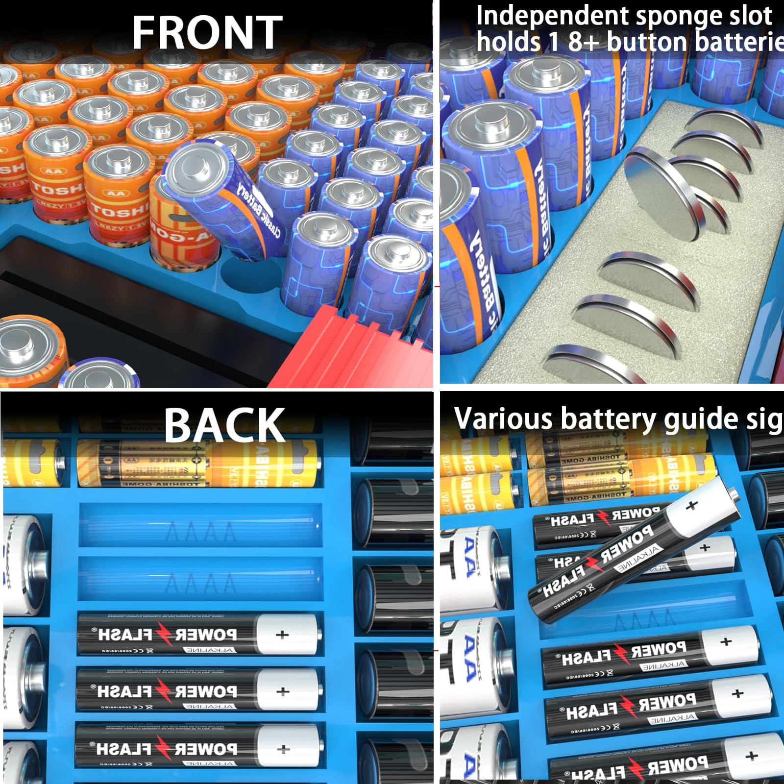 Turquoise blue 269-slot battery organizer case front and back battery compartments and button-cell slots