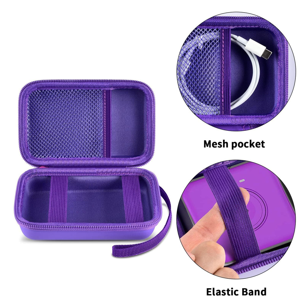 Open purple organizer with mesh cable pocket, elastic straps, and divided compartments