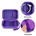 Open purple organizer with mesh cable pocket, elastic straps, and divided compartments